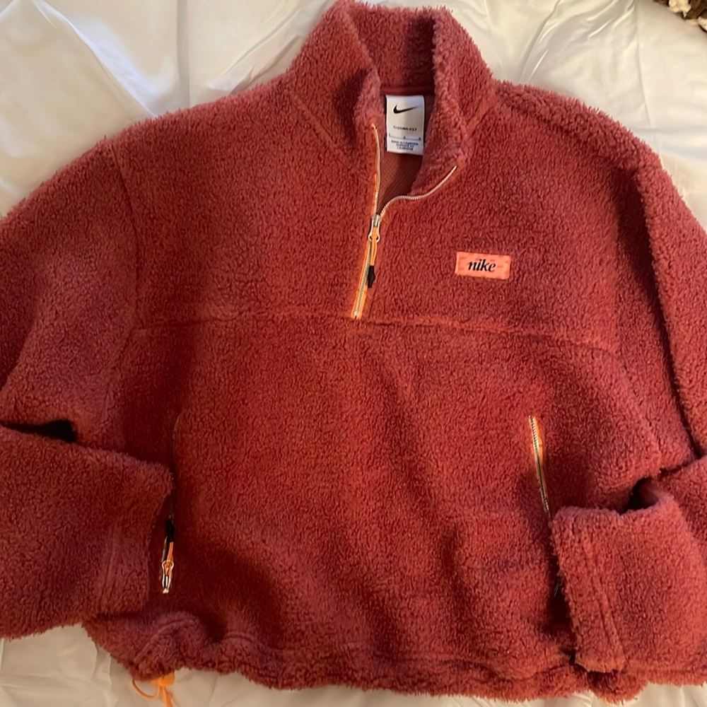 Nike Therma-Fit Sherpa half-zip cropped sweatshirt in dark mauve (Large)